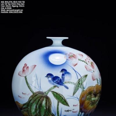 BÌNH HÚT TÀI LỘC VẼ TAY CHIM HOA SEN